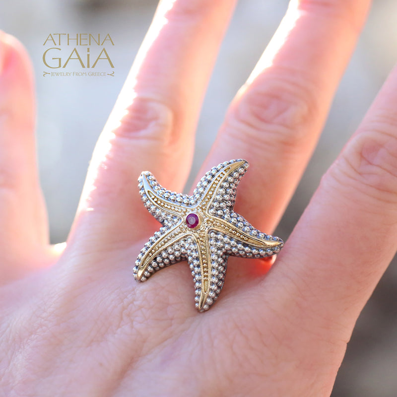 Thalassa Starfish Gemstone Ring (Large) - 18k Gold & Sterling Silver Ring - Cocktail Ring