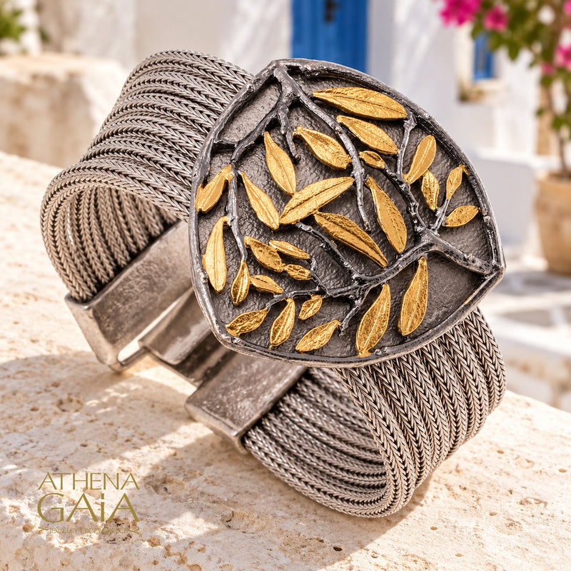 Softri Olive Tree Bracelet (Large) - Gold Plated Sterling Silver - Cuff Bracelet