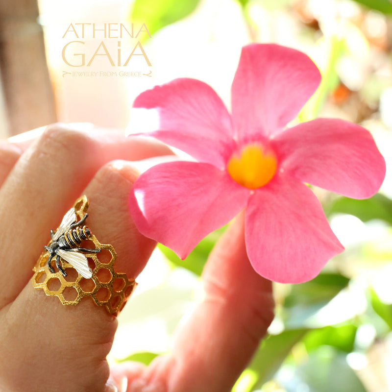 Medium Organic Honeycomb Bee Band Ring - Gold Plated Sterling Silver Ring
