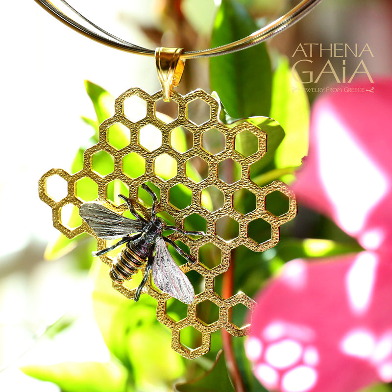 Basilissa Organic Honeycomb Bee Necklace - Gold Plated Sterling Silver Necklace
