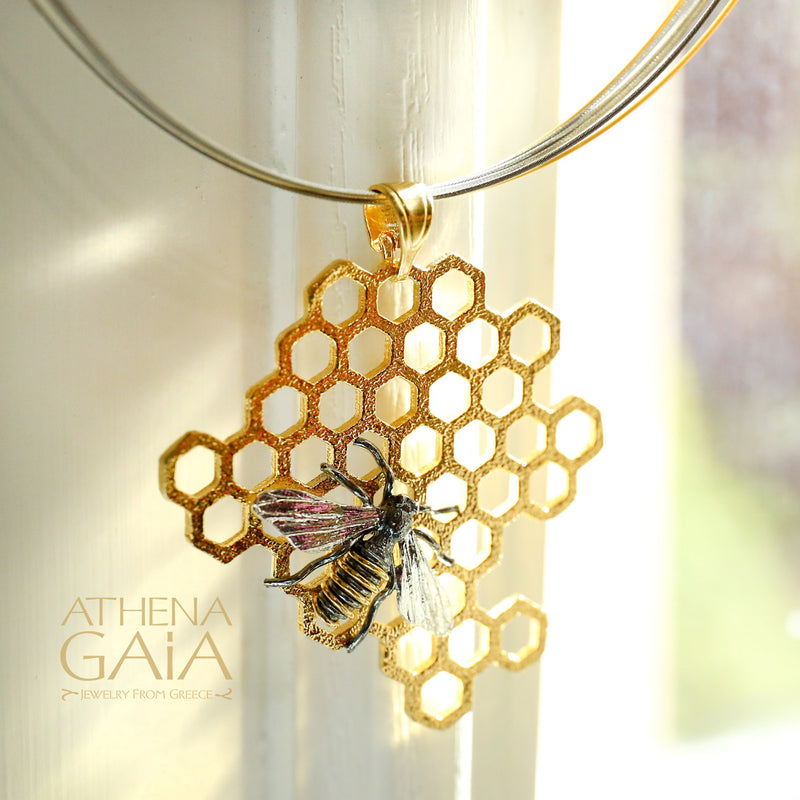 Basilissa Organic Honeycomb Bee Necklace - Gold Plated Sterling Silver Necklace
