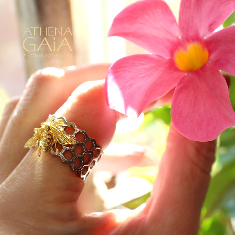 Honeybee on Honeycomb Open Band Ring - Gold Plated Sterling Silver Ring