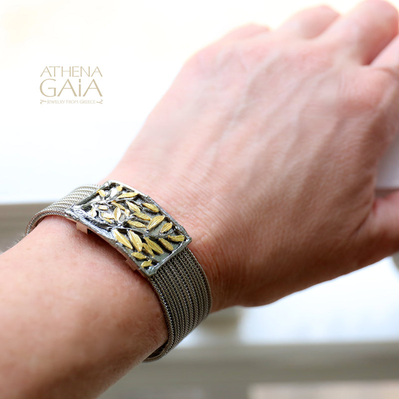 Tetragano Olive Tree Bracelet (Small) - Gold Plated Sterling Silver - Cuff Bracelet