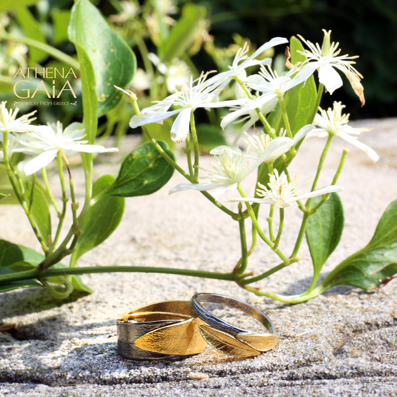 Dual Leaf Wide Band Ring - Gold Plated Sterling Silver Ring