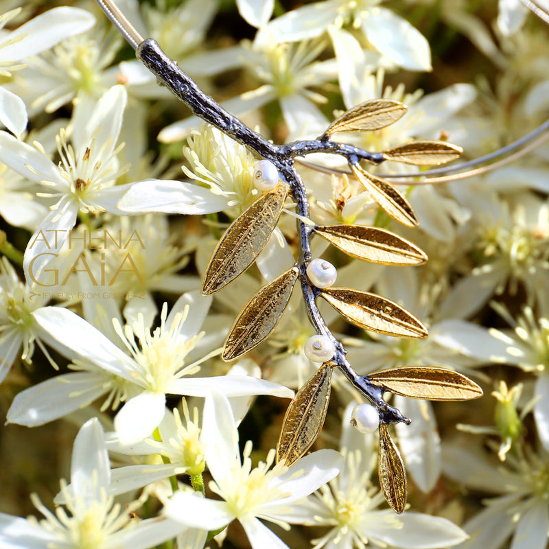 Mother Child Side Pearl Olive Twig Necklace - Gold Plated Sterling Silver Necklace