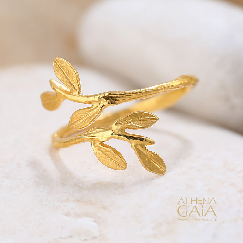 Olive Twig Bypass Ring - 14k Gold Ring