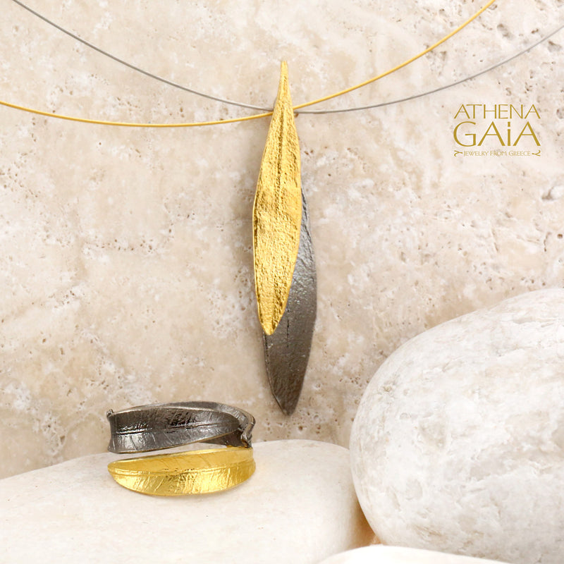 Dual Long Leaf Necklace - Gold Plated Sterling Silver Necklace