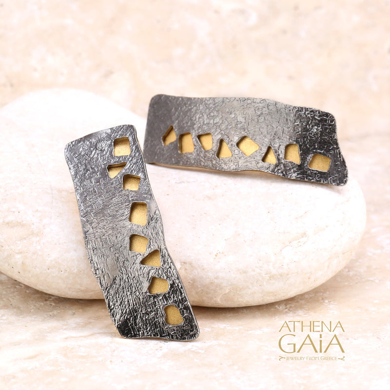 Rectangular River Stones Post Earrings (Large) - Gold Plated Sterling Silver Earrings