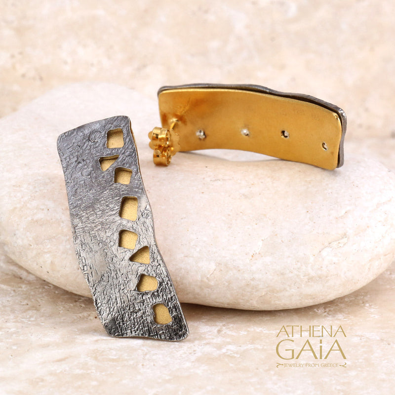 Rectangular River Stones Post Earrings (Large) - Gold Plated Sterling Silver Earrings (In-Stock)