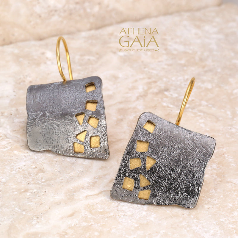 Square River Stones Earrings - Gold Plated Sterling Silver -  French Wire Earrings