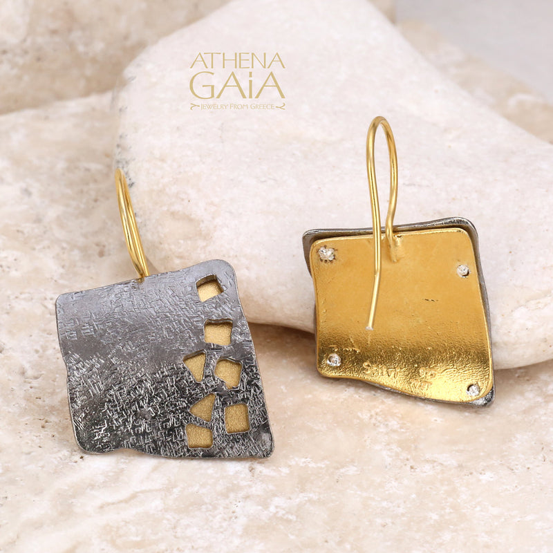Square River Stones Earrings - Gold Plated Sterling Silver -  French Wire Earrings
