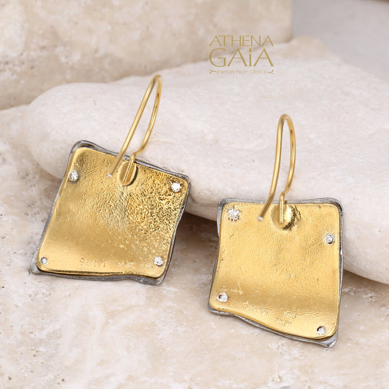 Square River Stones Earrings - Gold Plated Sterling Silver -  French Wire Earrings