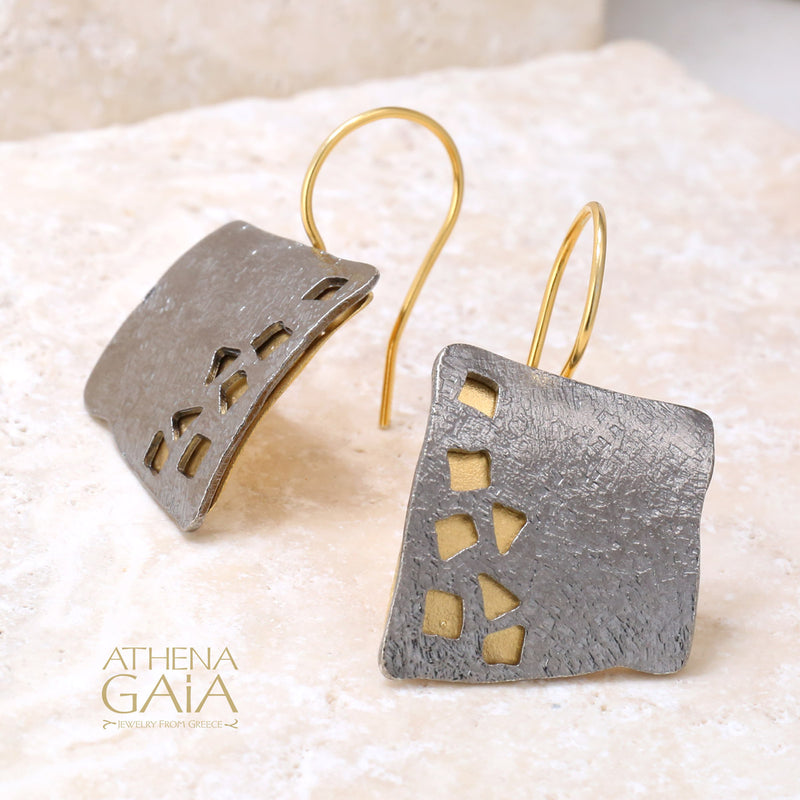 Square River Stones Earrings - Gold Plated Sterling Silver -  French Wire Earrings