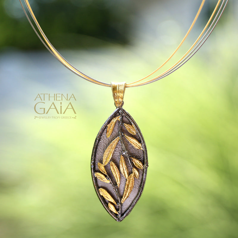 Vesica Olive Tree Necklace - Gold Plated Sterling Silver Necklace