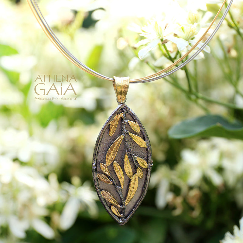 Vesica Olive Tree Necklace - Gold Plated Sterling Silver Necklace