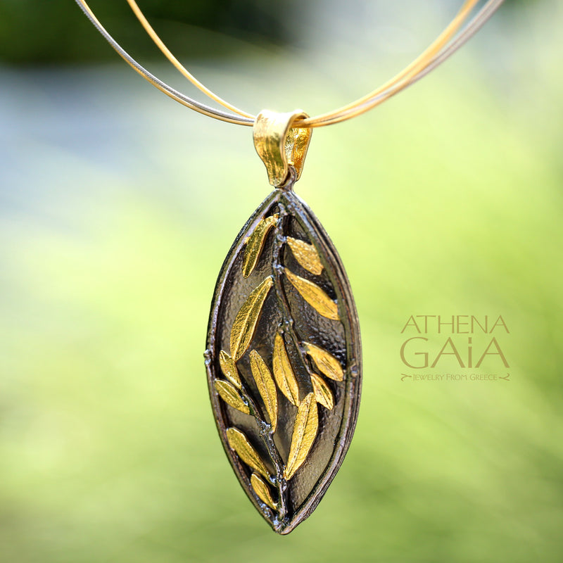 Vesica Olive Tree Necklace - Gold Plated Sterling Silver Necklace