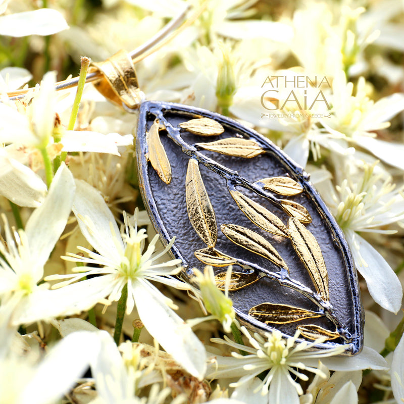 Vesica Olive Tree Necklace - Gold Plated Sterling Silver Necklace