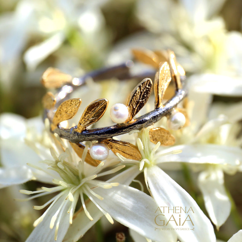 Pearl Olive Full Twig Ring - Gold Plated Sterling Silver Ring