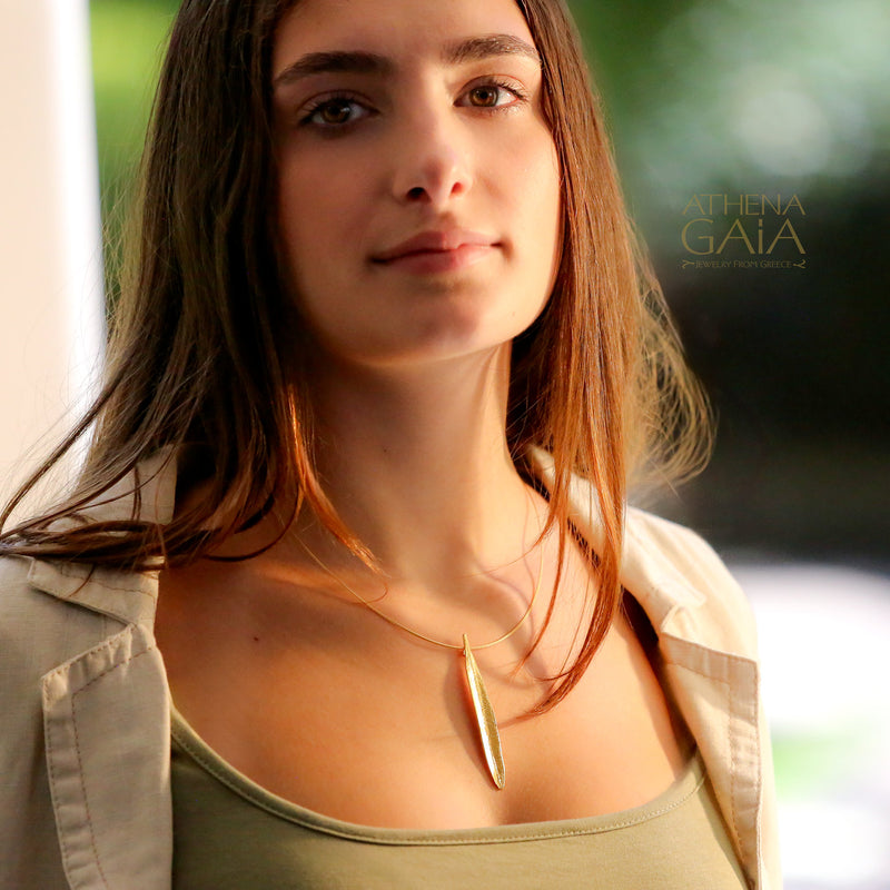 Long Leaf Necklace - Gold Plated Sterling Silver Necklace