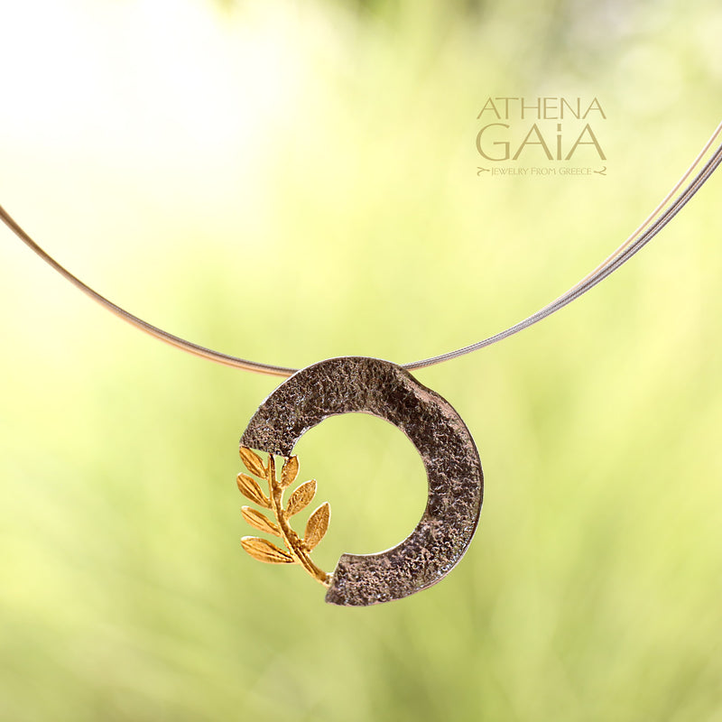 Open Circle Champion Olive Branch Necklace - 14k Gold & Sterling Silver