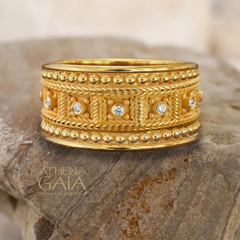 Wide Woven Border Block Ring - 18k Gold - Byzantine Ring