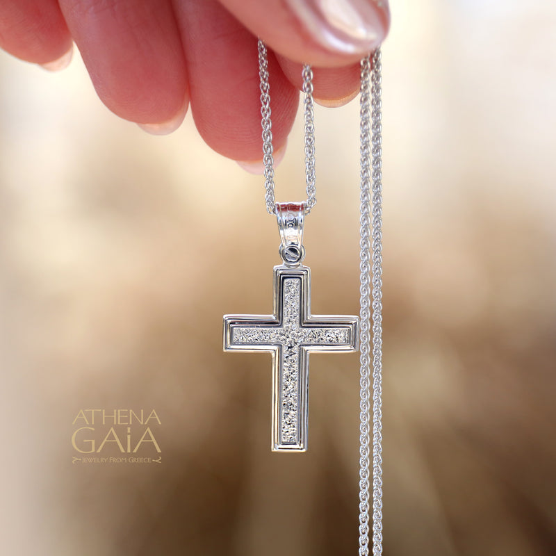 Rock Face Cross - 14k White Gold - Baptismal Cross (In-Stock)