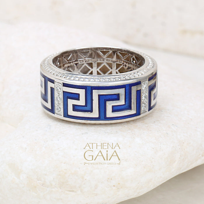 Eternal Greek Key Enamel Ring 18k Gold Ring Cigar Band Ring