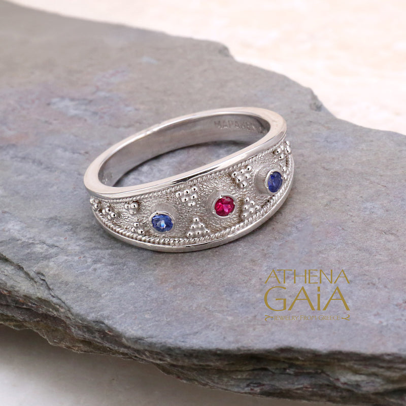 Byzantine Embroidery Graduated Band Ring - 18k White Gold - Stackable Ring (In-Stock)