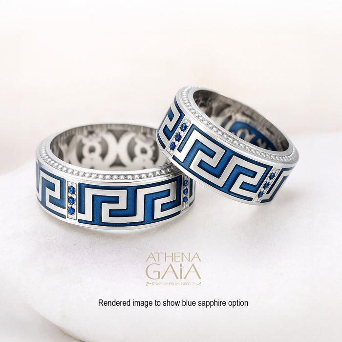 Eternal Greek Key Enamel Ring - 18k Gold Ring - Cigar Band Ring