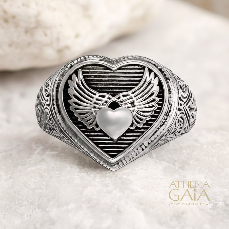Winged Heart Talisman Ring - Sterling Silver - Heart-Shaped Signet Ring