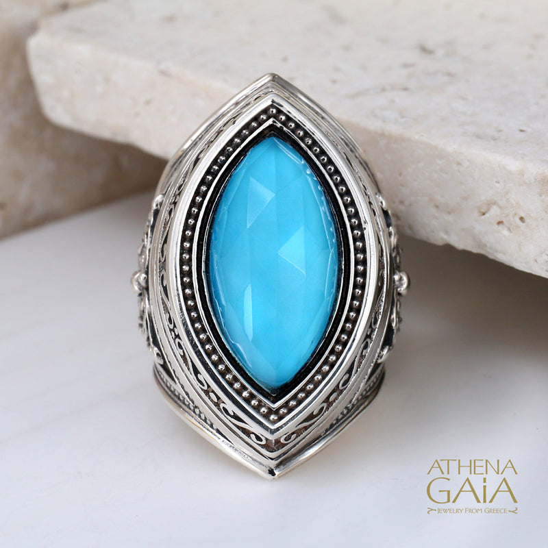 Byzantine Marquis Fountain Ring - Sterling Silver Ring - Large Stone Ring