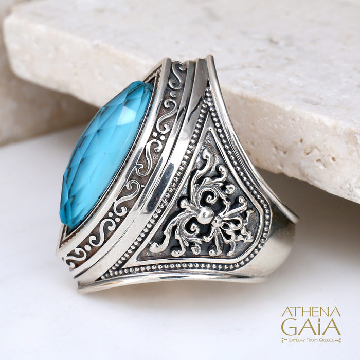 Byzantine Marquis Fountain Ring - Sterling Silver Ring - Large Stone Ring