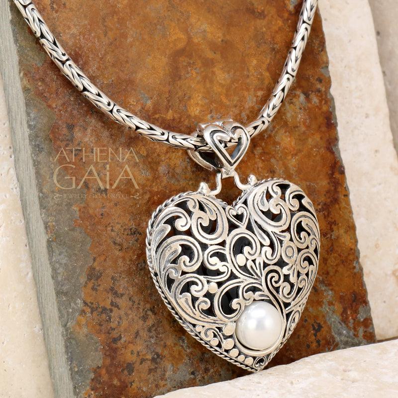 Synergy Pearl Heart Filigree Pendant - Sterling Silver Pendant