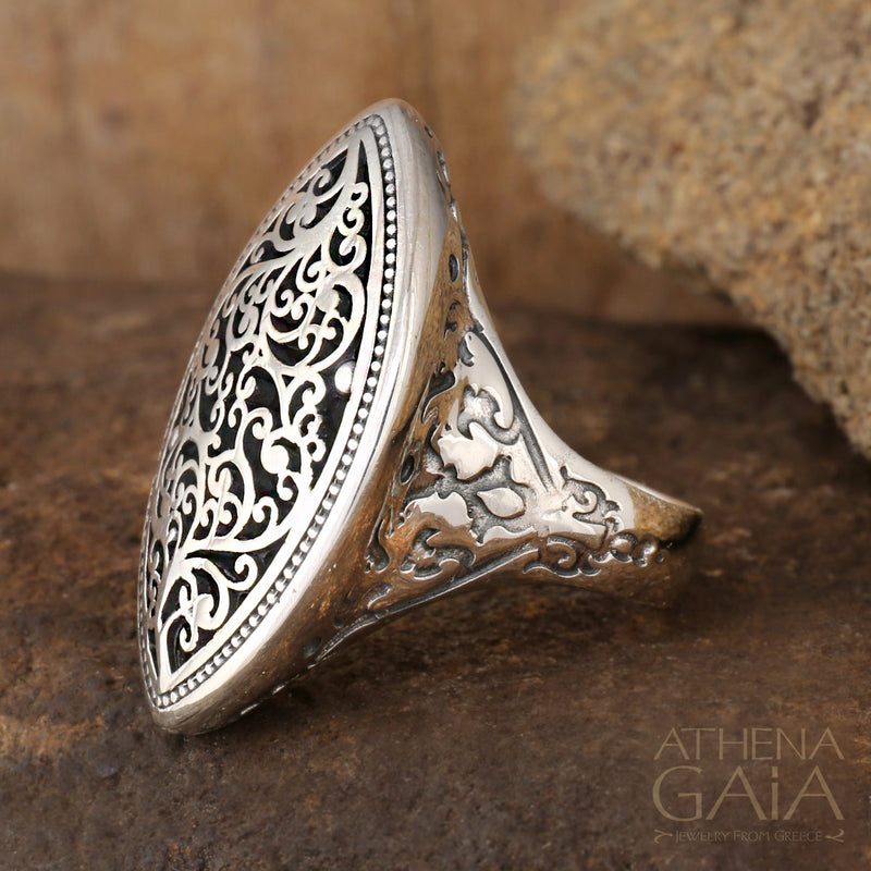 Marquise Long Filigree Ring - Sterling Silver Ring - Cocktail Ring