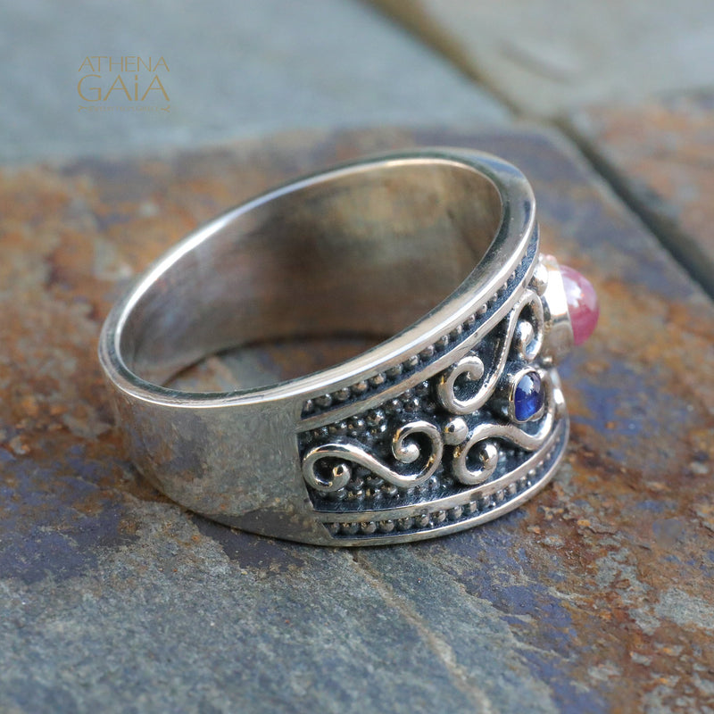 3 Stone Synergy Ring - Size 11.5 Sterling Silver Ring - Unisex Ruby Ring (In-Stock)