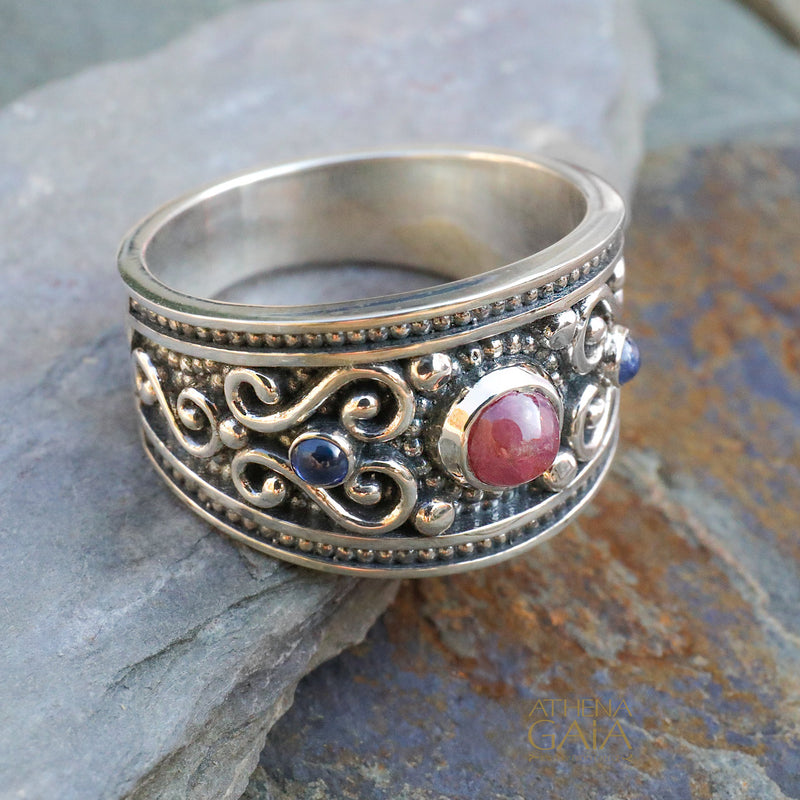 3 Stone Synergy Ring - Size 11.5 Sterling Silver Ring - Unisex Ruby Ring (In-Stock)