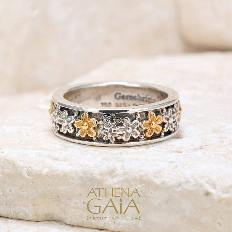 Wild Flowers Edged Band Ring - 18 Gold & Sterling Silver Ring - Stackable Ring