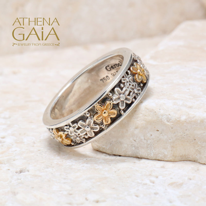 Wild Flowers Edged Band Ring - 18 Gold & Sterling Silver Ring - Stackable Ring