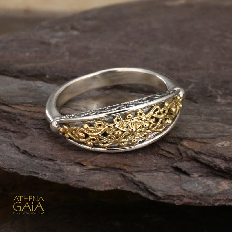 Aretousa Gold Vine Band Ring - 18k Gold & Sterling Silver Ring - Stackable Ring
