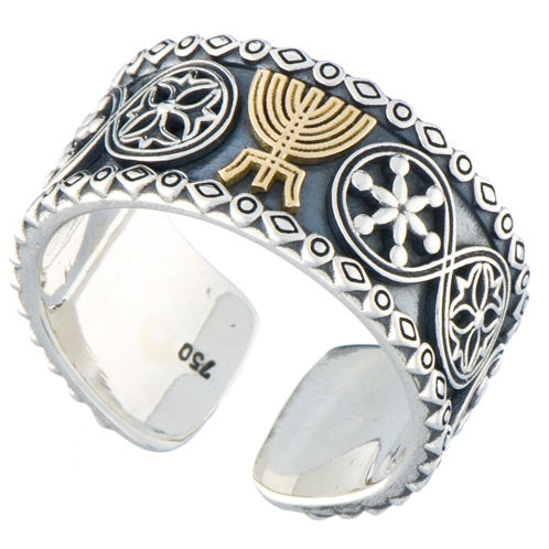 Menorah Open Ring - 18k Gold & Sterling Silver Ring - Cigar Band Ring