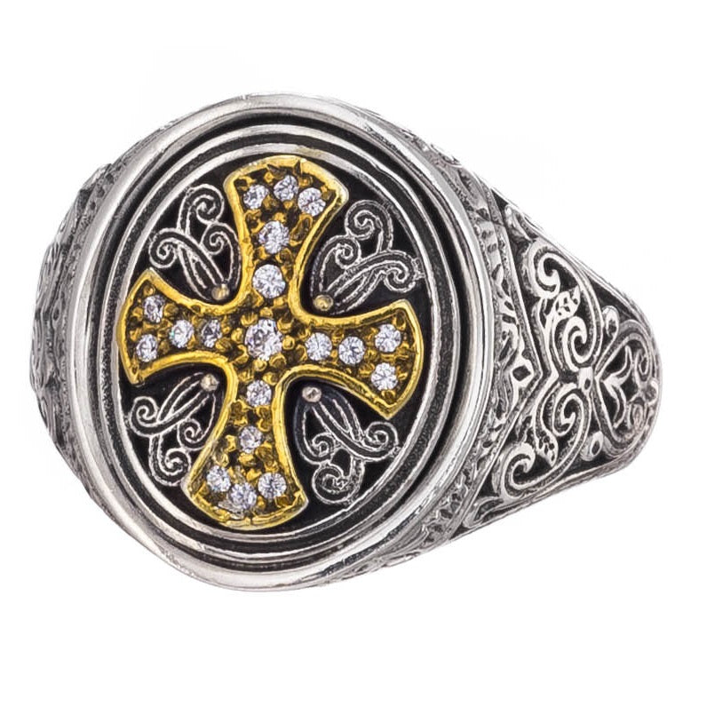 Diamond Cross Ring - 18k Gold & Sterling Silver Ring - Signet Ring