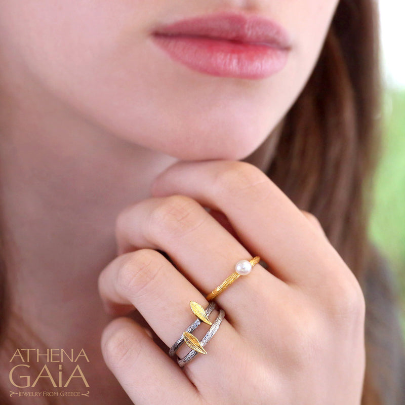 Pearl Olive Ring Set - Sterling Silver Ring - Stackable Ring