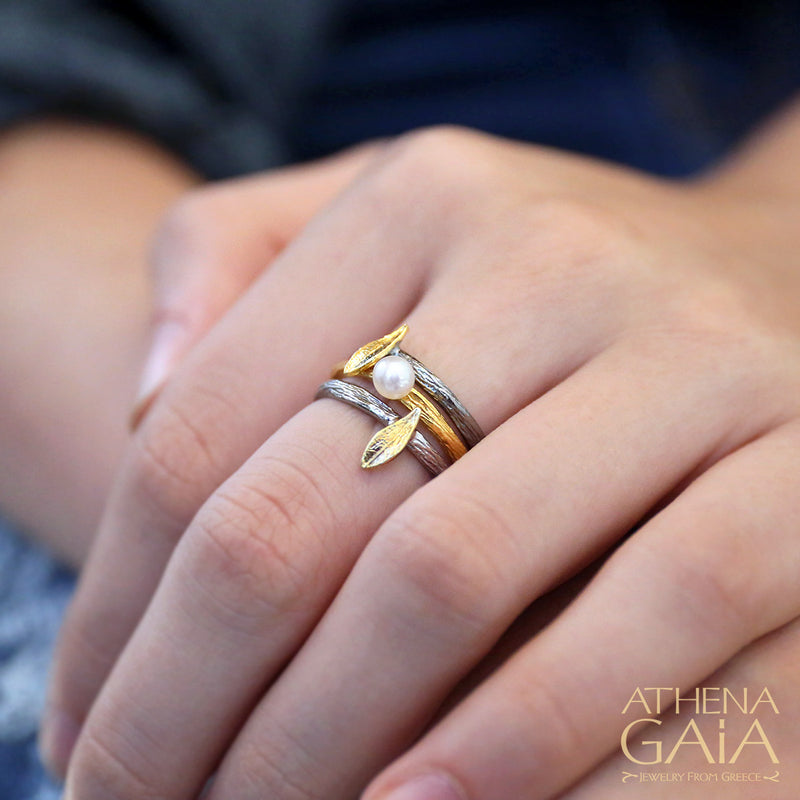 Pearl Olive Ring Set - Sterling Silver Ring - Stackable Ring