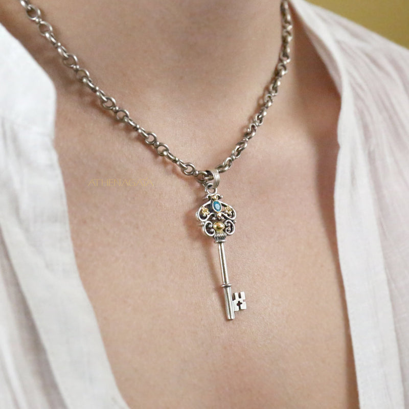 Byzantine Key Pendant - 18k Gold & Sterling Silver Pendant