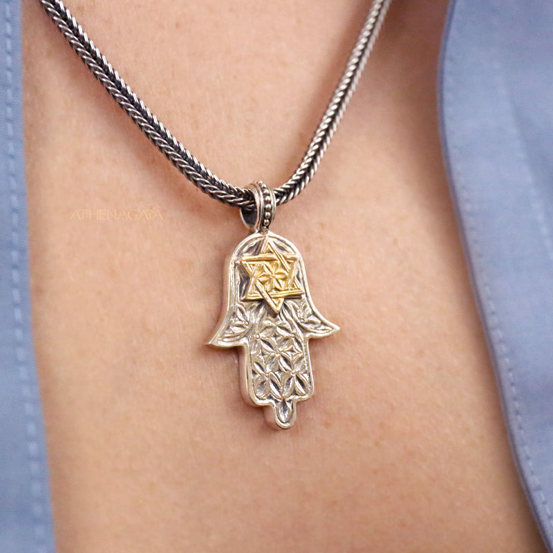 Hand of Fatima Star of David Pendant - 18k Gold & Sterling Silver Pendant