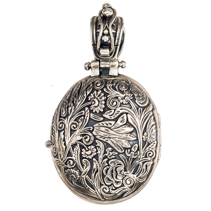Wild Flower Oval Locket Pendant - 18k Gold & Sterling Silver Pendant
