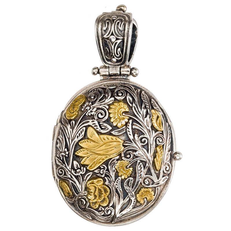 Wild Flower Oval Locket Pendant - 18k Gold & Sterling Silver Pendant