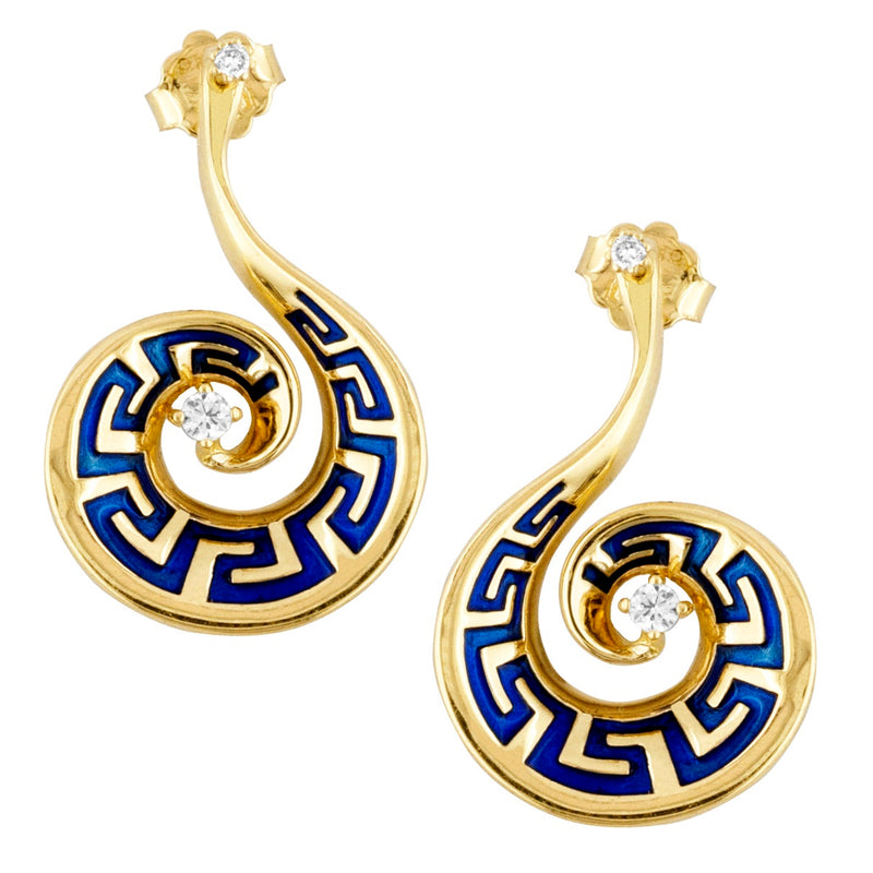 Eternal Spiral Greek Key Enamel Earrings - 18k Gold Earrings - Chandelier Earrings