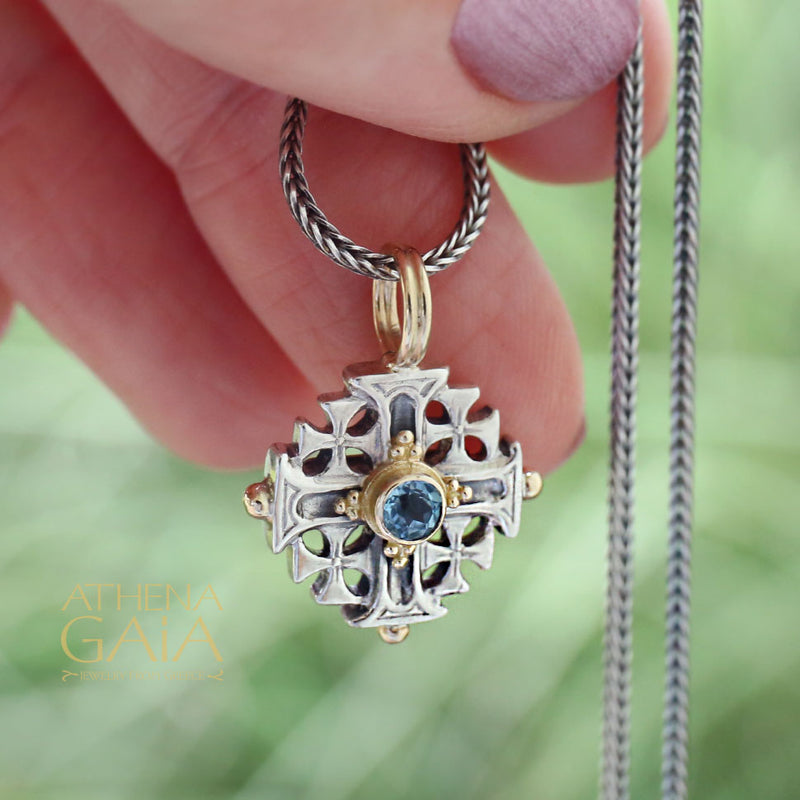 Jerusalem Cross (Small) - 18k Gold & Sterling Silver - Greek Cross Necklace
