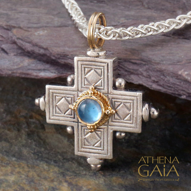 Rustic Silver Stone Cross (Large) - Sterling Silver & 18k Gold - Greek Cross Necklace